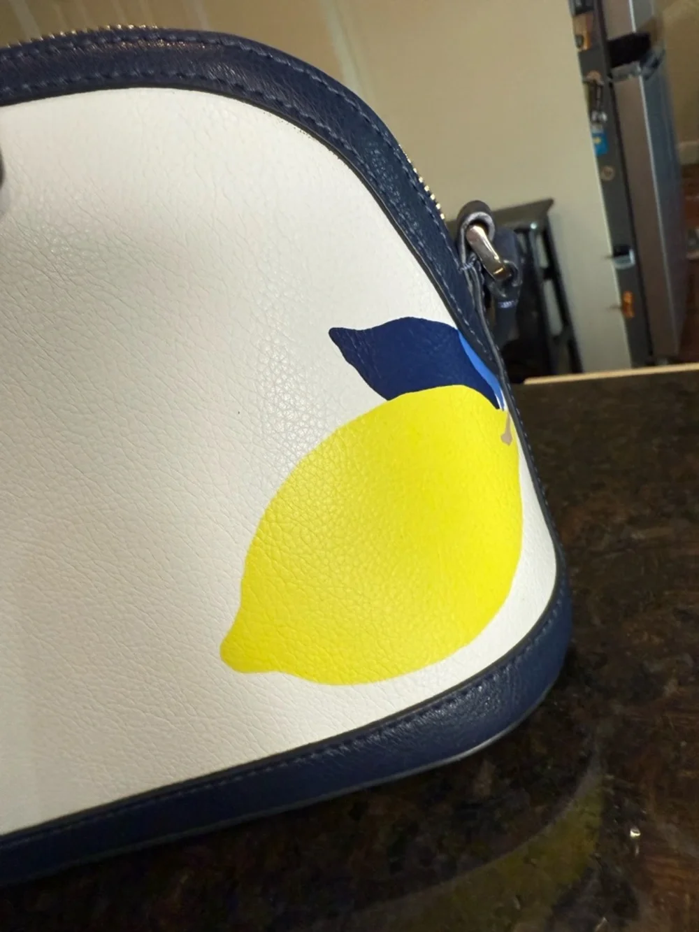 kate spade White Lemon Print Dome Crossbody with Navy Trim